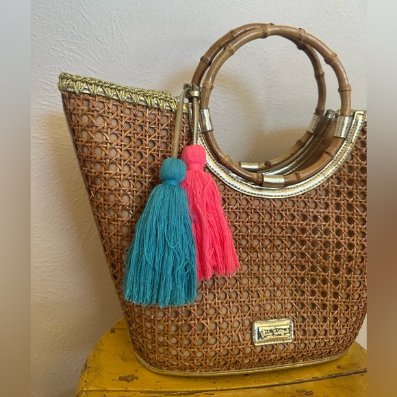 Lilly Pulitzer Grotto Cane Wicker Tote Purse Woven Natural Beach - Picture 5 of 12